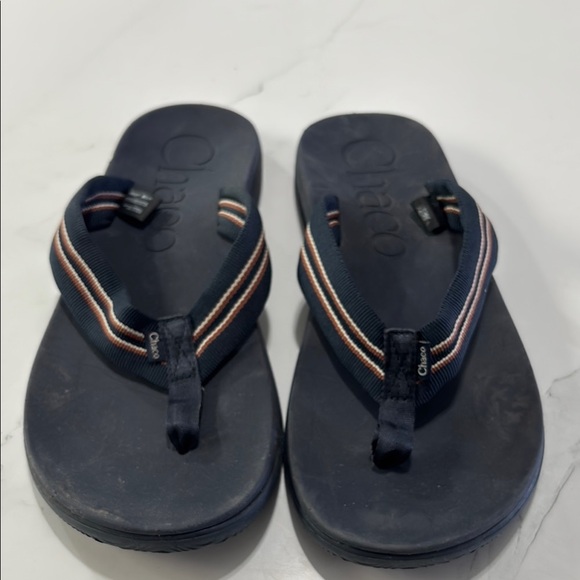 Chaco Navy Flip Flops with Striped Straps - Picture 2 of 5